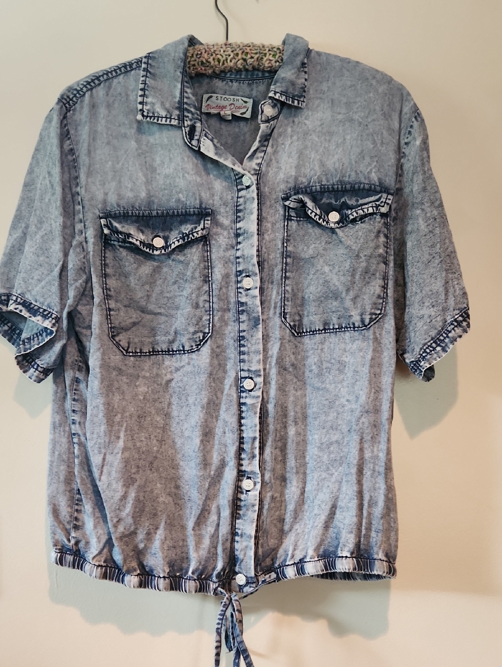 Stoosh Light Blue Vintage Acid Wash Denim Top with Red Script Label